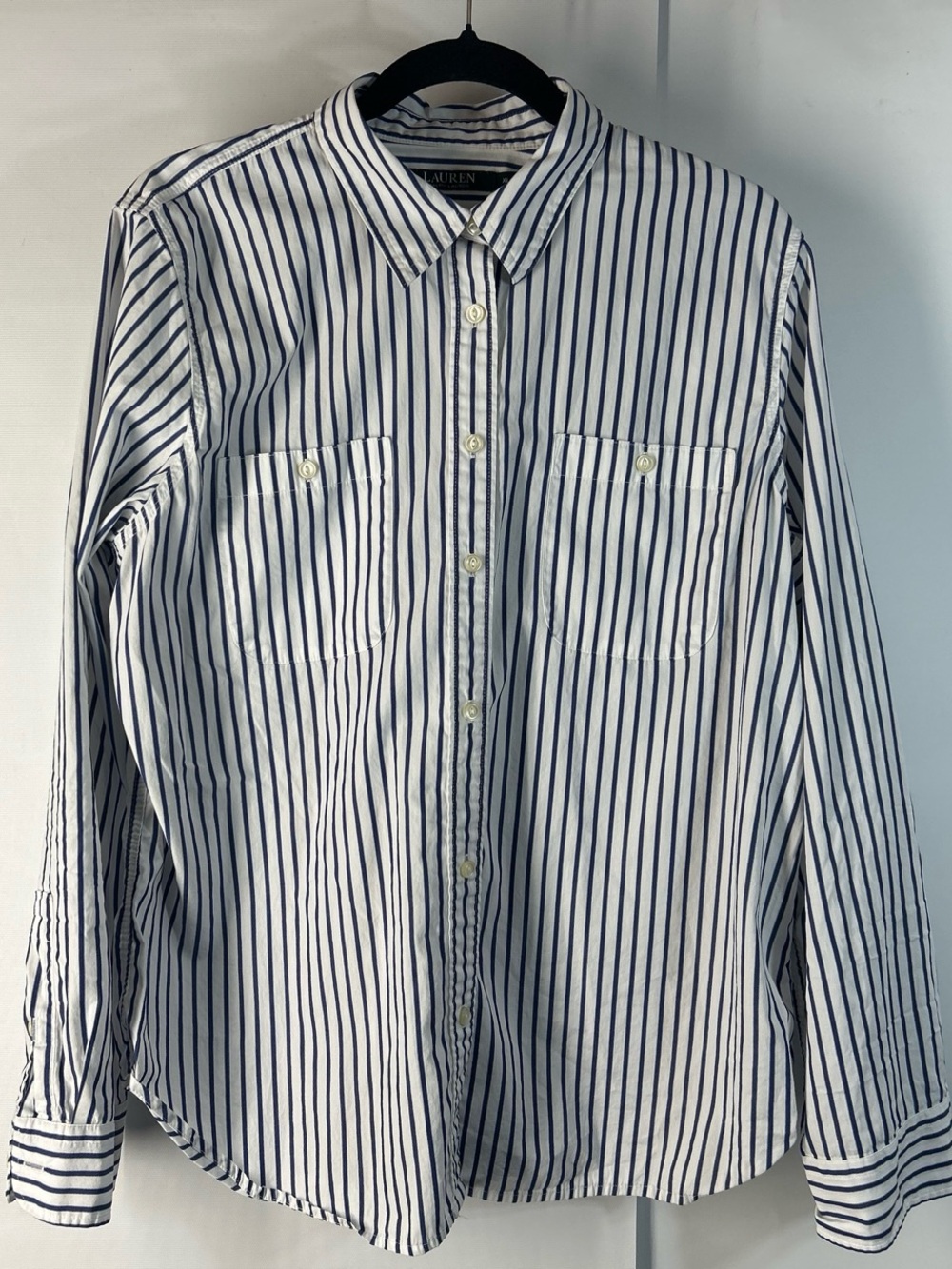 Ralph Lauren White and Navy Vertical Stripe Button-Down Shirt